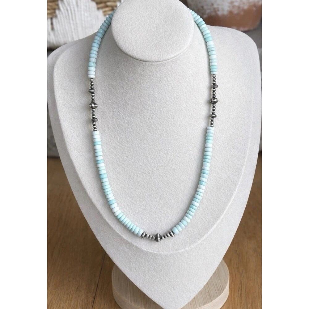 Turquoise Beaded Necklace Sterling Silver Navajo Pearl Style Western Boho 18–20” - Picture 7 of 10